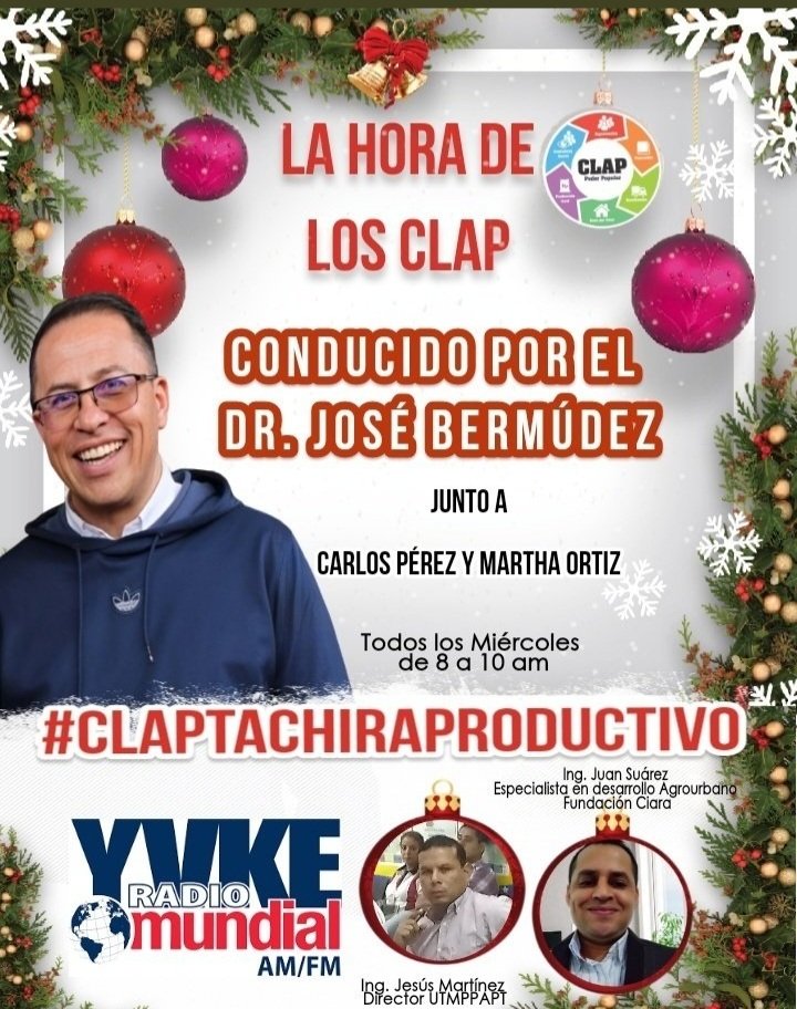 Mañana #14dicembre los esperemos a las 8am por la 94.5 FM 
<a href="/YvkeTachira/">Yvke Tachira</a>
 en "La Hora de los Clap" tendremos al Ing. 
<a href="/JMartinez0618/">JotaMartinez</a>
 Director de 
<a href="/JuansuarezR_/">Juan Suárez</a>
 Especialista Agrourbano de 
<a href="/CiaraTachira/">Ciara Táchira</a>
#ClapTachiraProductivo 
<a href="/FreddyBernal/">Freddy Bernal</a>

#soycomunicadorclap