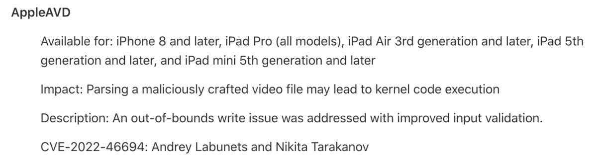 Nikita Tarakanov (@nikitatarakanov) on Twitter photo Congrats to <a href="/isciurus/">Andrey Labunets</a> and me for finding kernel LPE in iOS that has been fixed today in iOS 16.2 Congrats to <a href="/isciurus/">Andrey Labunets</a> and me for finding kernel LPE in iOS that has been fixed today in iOS 16.2