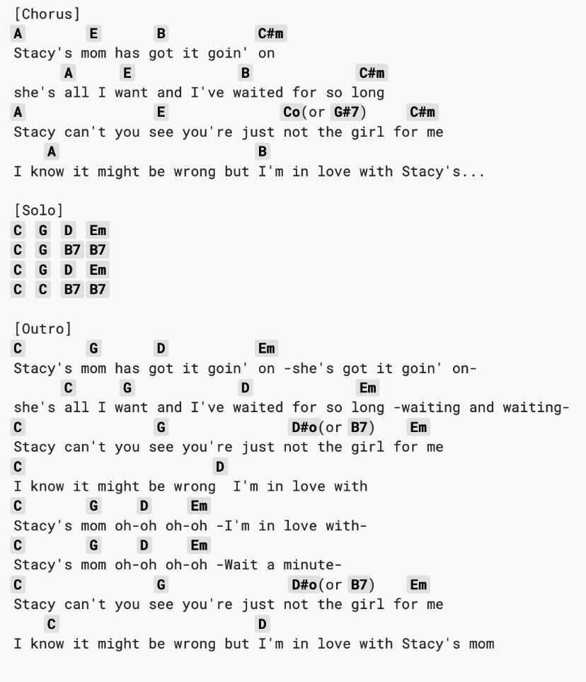 Komaniecki_R's tweet photo. Pachelbel’s Canon in D: Does not change keys (boring, uncreative, lacks expression) 

“Stacy’s Mom” by Fountains of Wayne: Modulates from E major to G major https://t.co/TNChHE3VYv