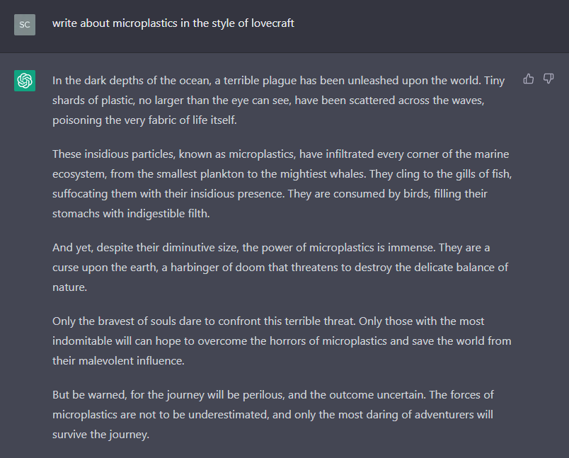 Okay, this is amazing. #microplastics are a harbinger of doom! The journey indeed will be perilous, be warned! #chatgpt3