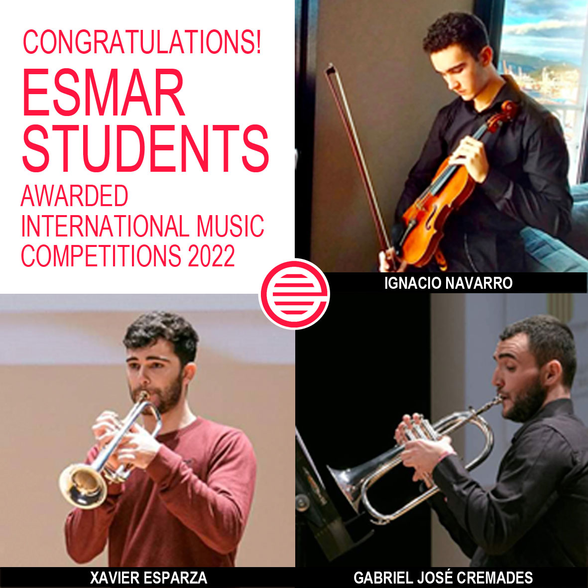 esmar_jazz's tweet photo. Enhorabuena ESMAR STUDENTS!! Ignacio Navarro PRIMER PREMIO XI Concurso de Cuerda Ciudad de Vigo 2022, y Xavier Esparza y Gabriel Cremades, PREMIOS Categoría Fliscorno y Categoría Master, en el Concurso de Trompeta Valeriano Machí Esparza 2022. https://t.co/AzhAIiQa0h @esmar_de https://t.co/5np0dIQjBS