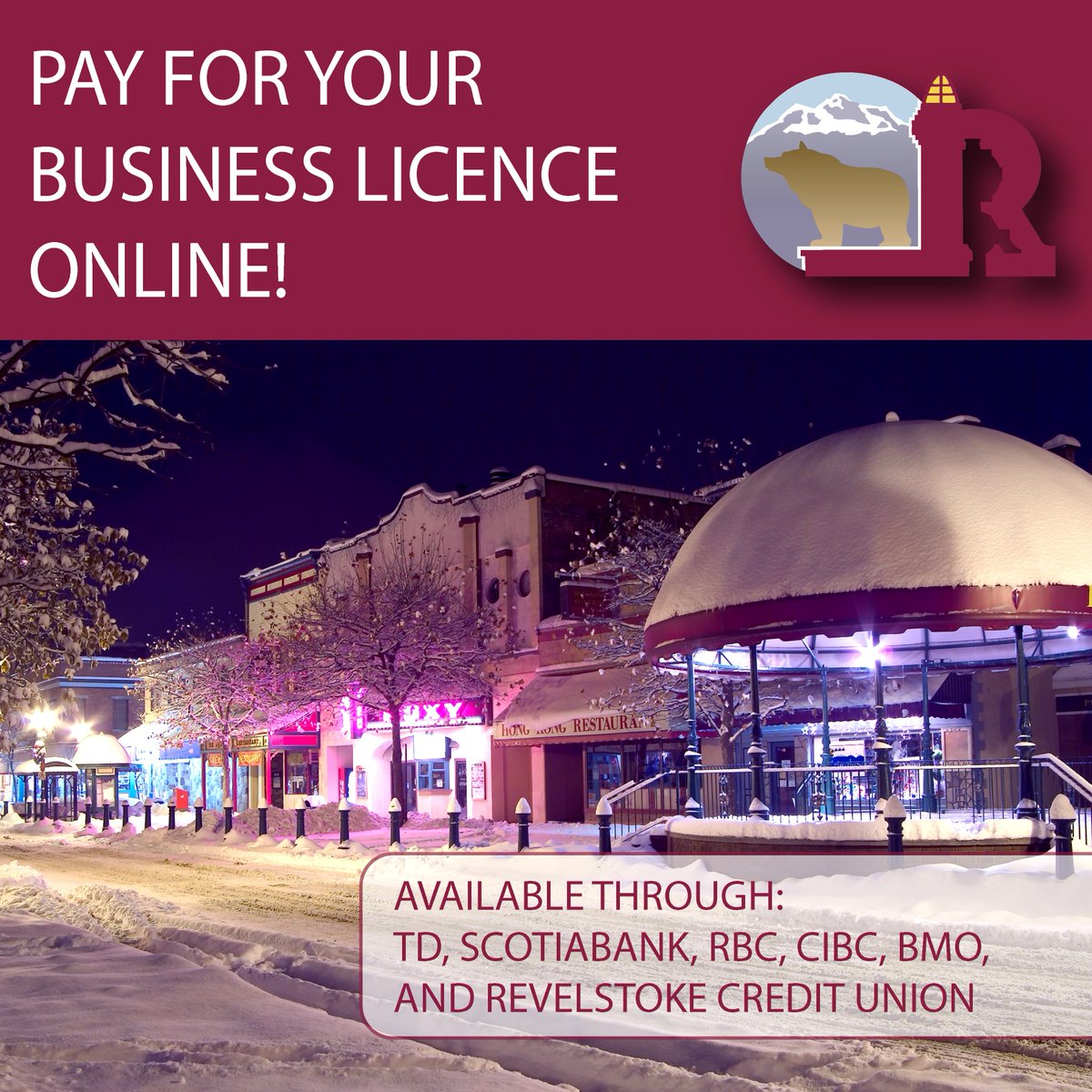 Are you a business owner in Revelstoke? You can come in &amp;  visit our amazing Finance staff to pay your 2023 Business Licence in person, or you may send us a cheque by the due date or pay online at any of the financial institutions listed.

#businesslicence #2023 #cityofrevelstoke
