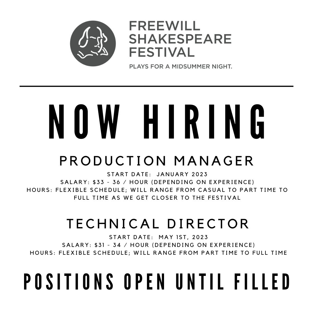 Freewill has rethunk and rejigged their Production Manager and Technical Director roles! The biggest change is that we are now looking for TWO individuals, one for each role. If you are interested in joining our team this summer please visit our website for more information!