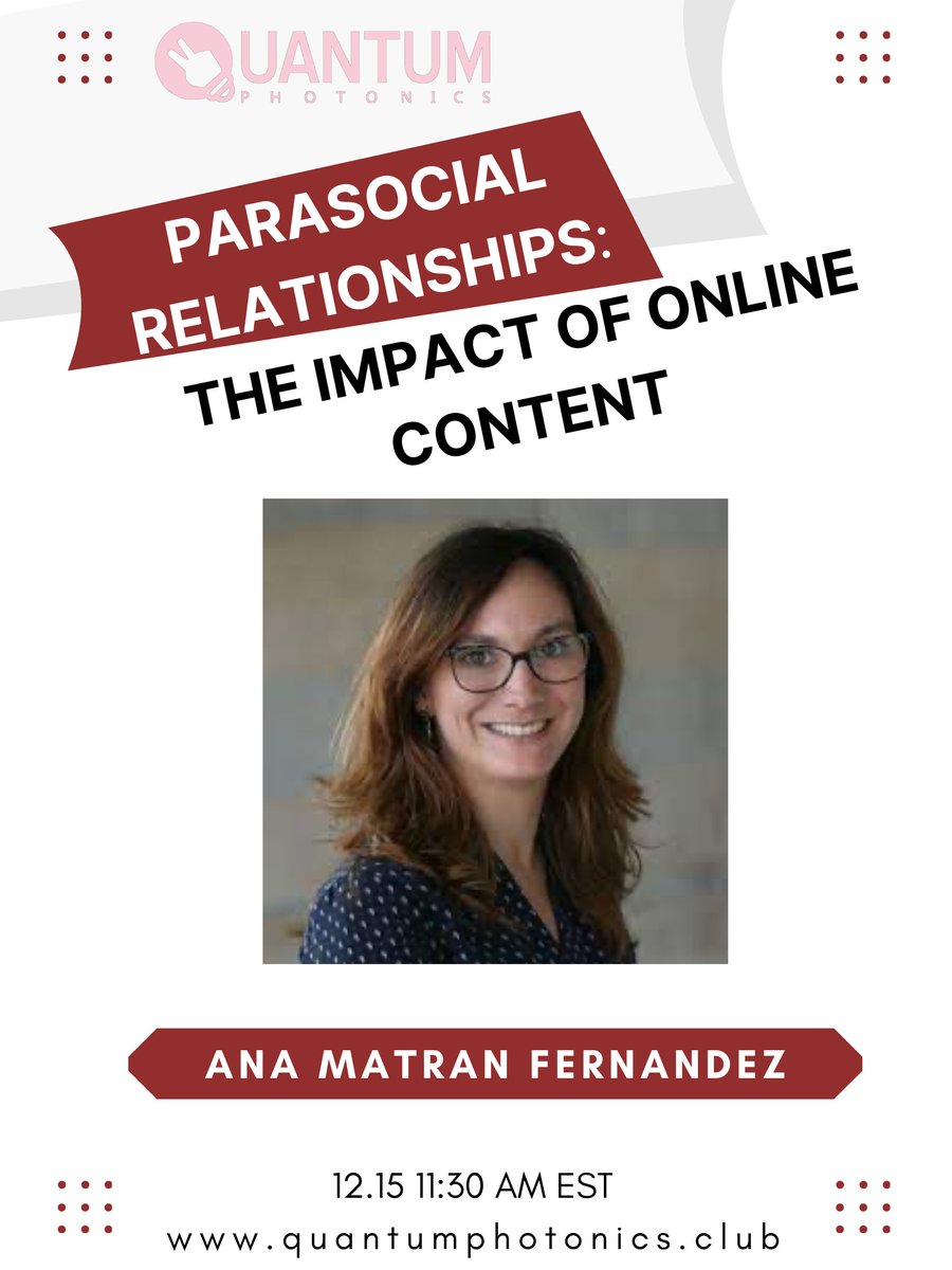 Dr. Ana Matran-Fernandez U Essex will talk about "#Parasocial #relationships: the impact of #online content" with <a href="/sierra_photon/">Sierra</a>, <a href="/ceciletamura/">Cecile Tamura</a>, Bob Pray DVMedia+, and <a href="/qpclub1/">Qphotonics</a>.
THU, Dec 15, 8:30 AM (PST) #QP <a href="/TamilclubhouseU/">HappyMeeple</a> <a href="/Clubhouse/">Clubhouse</a> #behavior
clubhouse.com/event/M1OqNjnN…