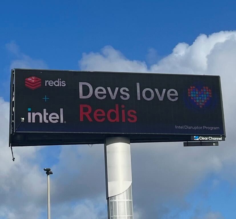 Redisinc's tweet photo. If we know one thing for sure, it’s that Devs ❤️ #Redis. Thank you @intel for your ongoing partnership, and check out our billboard on Highway 101 near San Francisco Airport! #IntelDisruptorProgram https://t.co/CorxAv5wzE