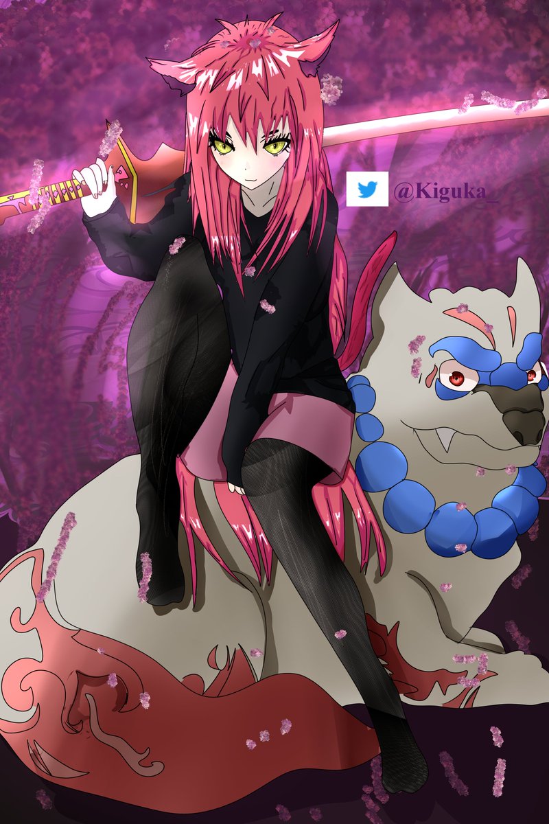 Kiguka_'s tweet photo. A cat girl with what I consider to be a shrine dog. Since I did it with a shrine dog I decided to do sakura effect once again since it fits. #art #digitalart #Newartist #illustration #sakura #cherryblossom #catgirl #neko #originalcharacter #oc #sword #animegirl #manga #anime https://t.co/M0FMbMTlok