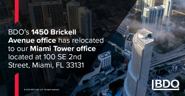 mpravia's tweet photo. Please note that BDO's 1450 Brickell Avenue office has relocated to our Miami Tower office - see you Downtown! https://t.co/NNHiYg2gPr https://t.co/g7WshQkxxr