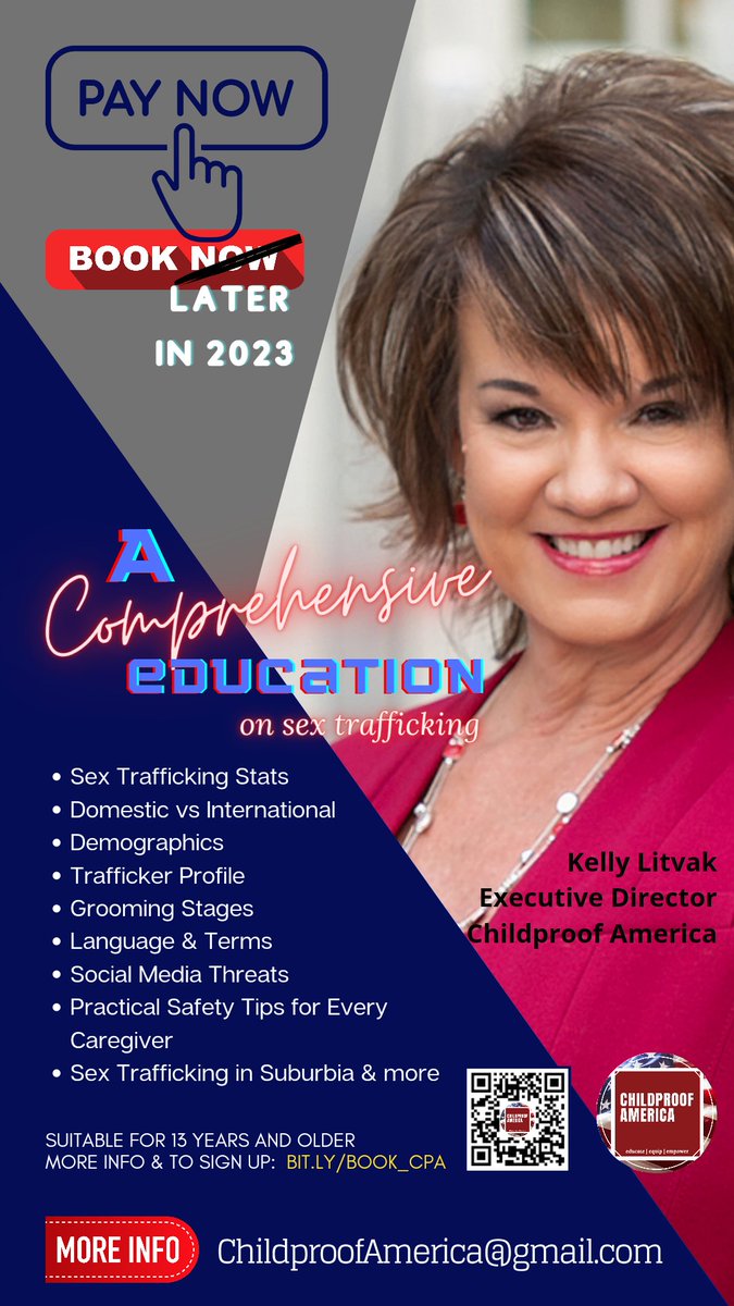 ChildProofUSA's tweet photo. 📢 $500 off Dec Promo. Knowledge is power in the fight against sex trafficking.  Book a comprehensive presentation today for your community, social, work or school event!
Pay your promo speaking fee this month &amp; select your event date in 2023 https://t.co/PsNhOT7JsP https://t.co/gxGHr4dCib
