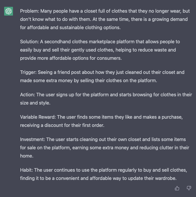 RealTomN's tweet photo. I asked ChatGPT to write a Hook Model for a fictional startup working on second hand clothes marketplace. I wonder how the model's creator @nireyal  might rate this AI generated piece. https://t.co/DzpvFGD2yt