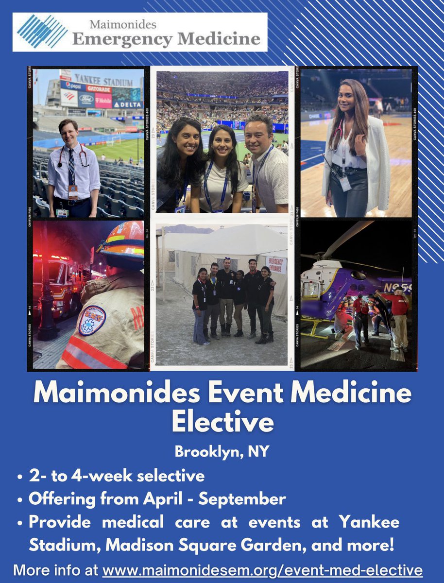 Hey senior EM residents!! <a href="/Maimonides_EM/">Maimonides EM</a> is offering an exciting opportunity to be the LEAD PHYSICIAN at the hottest venues in NYC including Madison Square Garden, Yankee Stadium, and more. Come rotate with us! Application and more info here maimonidesem.org/event-med-elec…