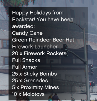 WildBrick142's tweet photo. Christmas Day gifts
Candy Cane weapon, Green Reindeer Beer Hat, and the usual stuff #GTAOnline https://t.co/5wm7p4xnME
