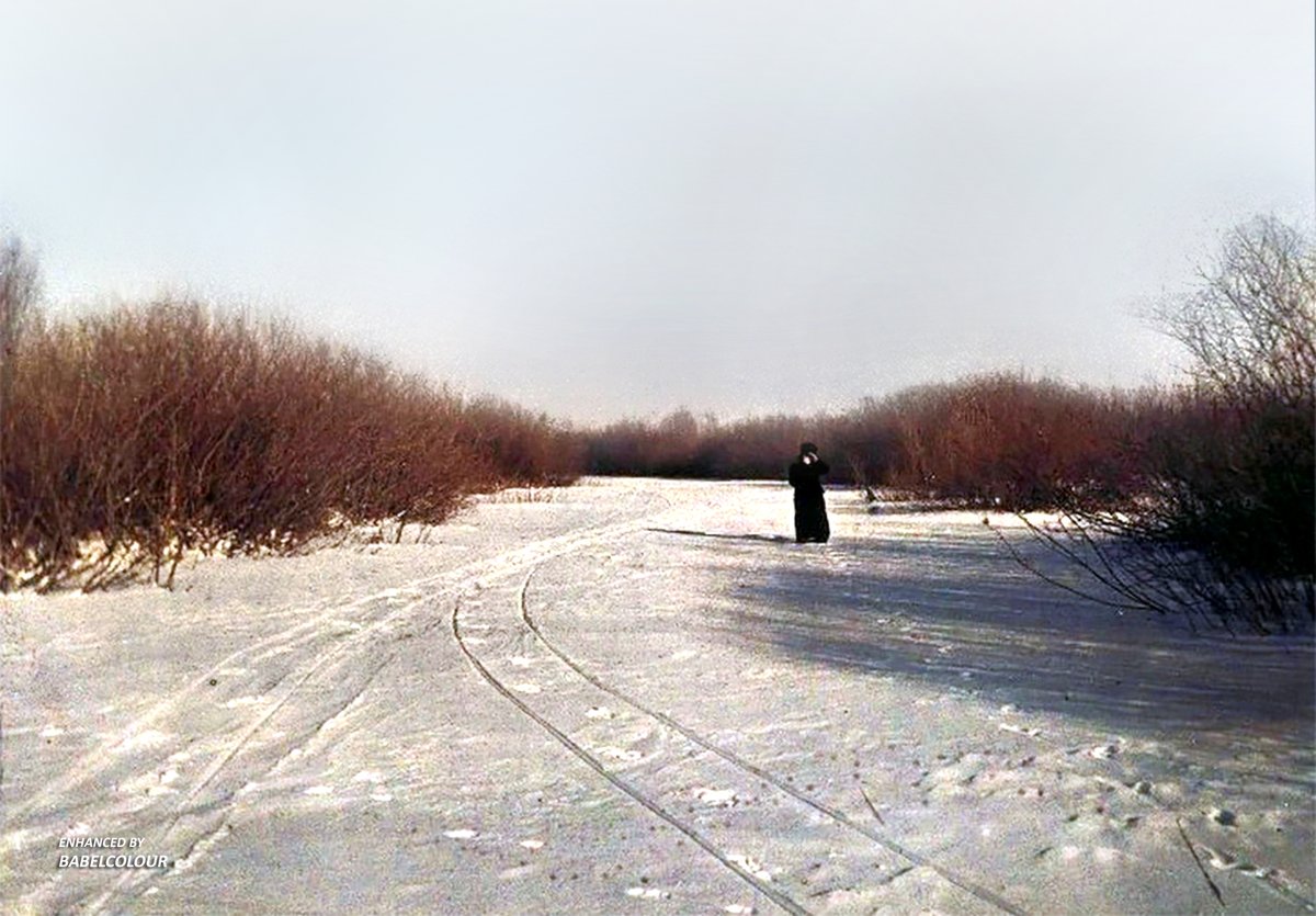 I have enhanced for you rather bleak and frosty vista of Russia in 1910, blown by snow and melancholia. The autochrome was taken by Peter Ivanovich Vedenisov 113 years ago and, for a change, I tweet it with the original plate, so that you can see the clean-up work in action.