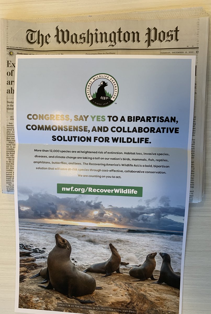 Today @NWF took out a full-page ad in the @washingtonpost telling Congress that #WildlifeCantWait. Pass the bold, bipartisan Recovering America's Wildlife Act! Tell your representatives they can't go home until they #RecoverWildlife. Take action 📲: buff.ly/3FPwsAj