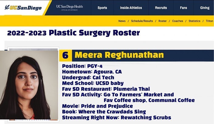 After a brief timeout, we’re back with our first PGY-4 @meerarnathanmd Meera is a future superstar hand surgeon who said her favorite thing about UCSD is “the attendings and leadership are wonderful and really care about our growth and our wellbeing” 
.
… instagr.am/p/CmH91AOPP-L/