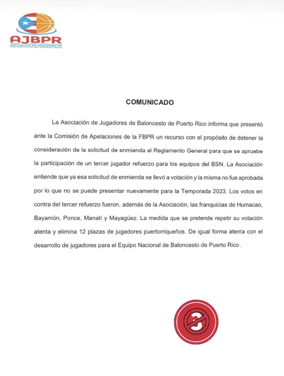 #BSNPR | [FOTO]: Comunicado oficial de la Asociación de Jugadores sobre la medida que busca añadir un tercer refuerzo para la temporada 2023 del Baloncesto Superior Nacional.