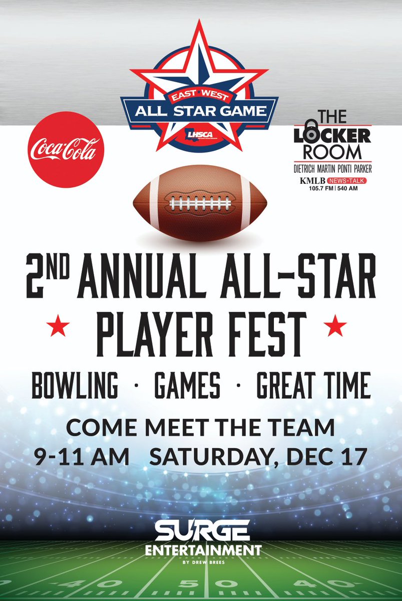 Come out to <a href="/SurgeFun/">Surge Entertainment by Drew Brees</a> and meet all the local high school all stars at the 2nd annual All Star Player Fest. We will be also be streaming on Facebook and live on KMLB 9-11. 

<a href="/FBCountryMag/">Football Country</a> <a href="/MorningDrive318/">The Morning Drive with Aaron and Jake</a> <a href="/FletchWorldWide/">TheTimFletcherShow</a> <a href="/FletcherShow/">Tim Fletcher</a> <a href="/GeauxPrepsLA/">GeauxPreps.com</a> <a href="/14_0productions/">14-0 Productions</a>