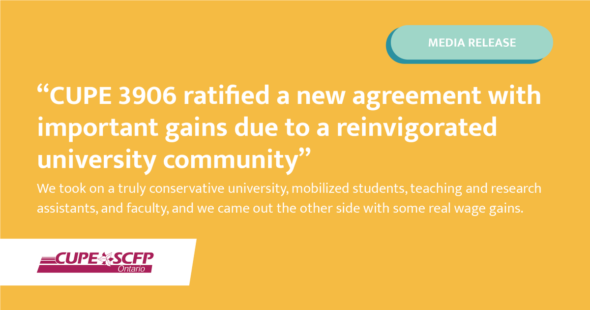 CUPEOntario's tweet photo. The 5-year agreement was ratified by 69.6% of members who voted. It includes wage increases of $6.32/hr, or 14.1%, over the agreement for graduate teaching and research assistants; and $5.66/hr, or 21.7%, for undergraduate teaching assistants.

Read more: https://t.co/4r6K42NmAE https://t.co/tDCpekjC7c