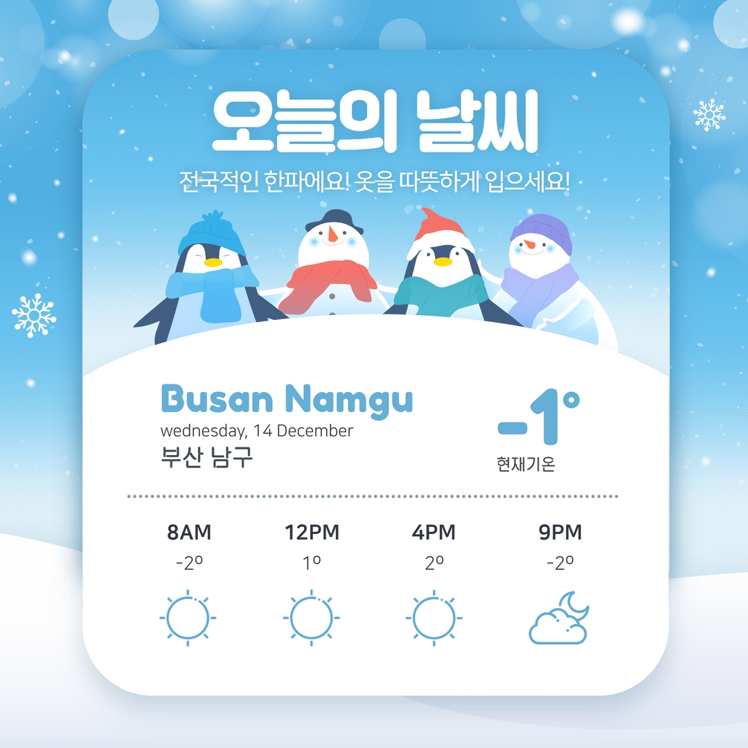 bsnamgu's tweet photo. ❄️전국적 한파

겨울은 겨울다워야 한다지만
추워도 너무 춥네요😫

출근길 따뜻하게 꼭 따뜻하게 입고 나오시길요!!

한파발생시 행동요령
👇👇👇👇👇👇👇👇
https://t.co/78TYsvI8Pn
#오늘날씨 #한파 #한파행동요령 https://t.co/GMQEa68cHR