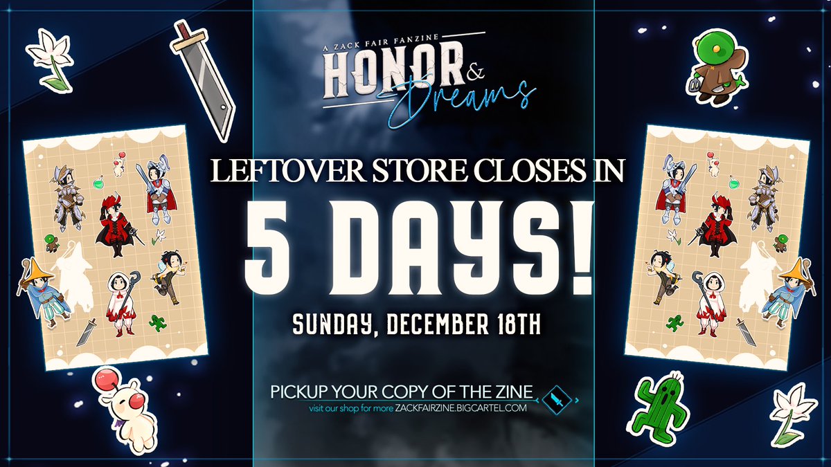 Happy Crisis Core: Reunion release day!

The Zack Fair fanzine leftover store closes in just 5 DAYS! 

Celebrate the release with a purchase! Digital zines and a limited amount of physical merch are still available. Buy yours NOW!

zackfairzine.bigcartel.com

#CCFF7R