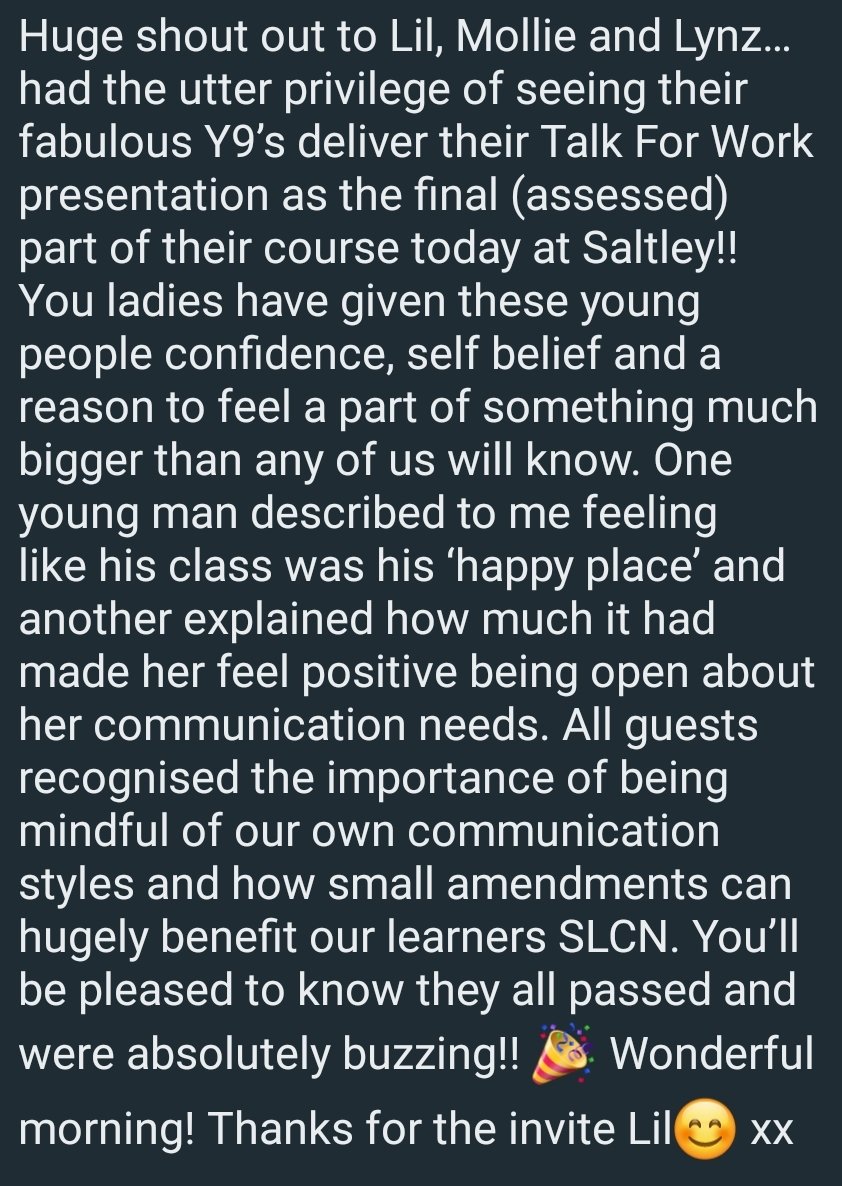 WMISLT2's tweet image. One of our Senior #SLTs @iamstephC2106 joined the final #TalkforWork presentation @saltleyacademy today &amp;amp; was so impressed with the success of the intervention, she praised all involved and shared what a positive impact it had on the students.👏😊 @SpeechAndLangUK #mySLTday #SLCN