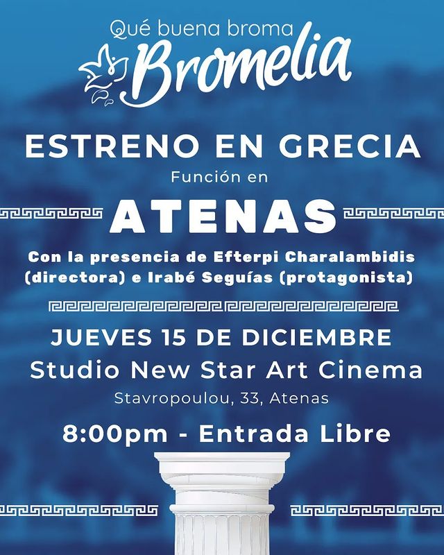 #QuéBuenaBromaBromelia se enorgullece de proyectar en Grecia, de ir a conocer su segunda casa. 
📽️
Nos vemos este jueves 15 a las 8:00pm, hora de Grecia para esta función especial con cineforo. Si estás en Atenas puedes disfrutar del 
#cinevenezolano🎬🇻🇪
<a href="/CNAC_Venezuela/">Centro Nacional Autónomo de Cinematografía🎥</a>