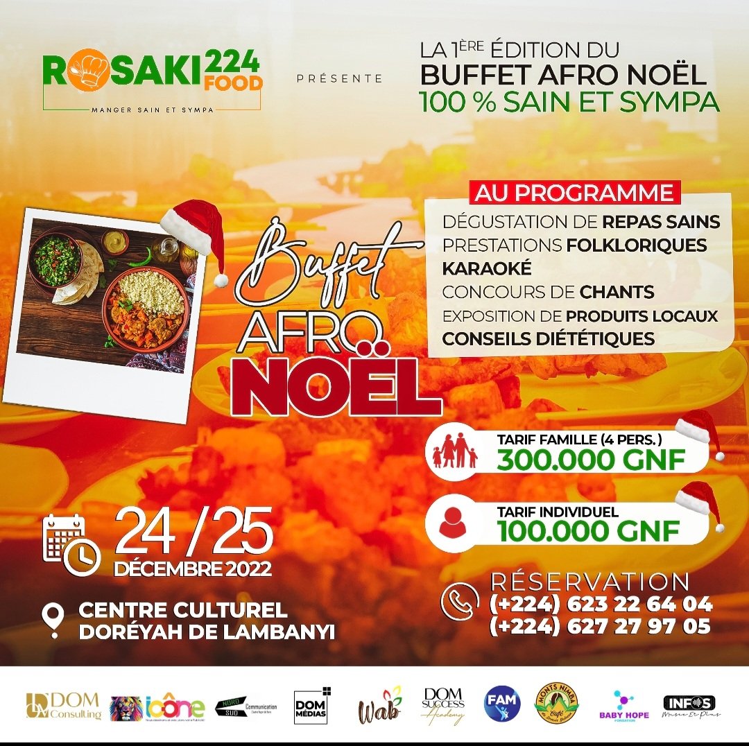Deux dates à retenir :
24 et 25 Décembre 2022.
C'est à lambanyi kinifi derrière Cis Médias...
Loin des embouteillages de la ville.
En route vers la première édition du Buffet afro Noël 🎅 
Manger sain et sympa 
#buffetafronoel2022
#Guinée #Conakry