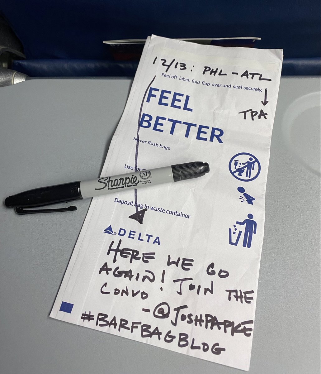 joshpapke's tweet image. #BarfBagBlog:
Come for the comfort.
Stay for the convo.

12/13: PHL ➡️ ATL ➡️ TPA

@Delta | #DeltaProud
@FlyTPA🦩| #TPAAirport
@ATLairport🥤| #ATLAirport
@PHLAirport ❤️ | #PHLAirport

cc: @Sharpie