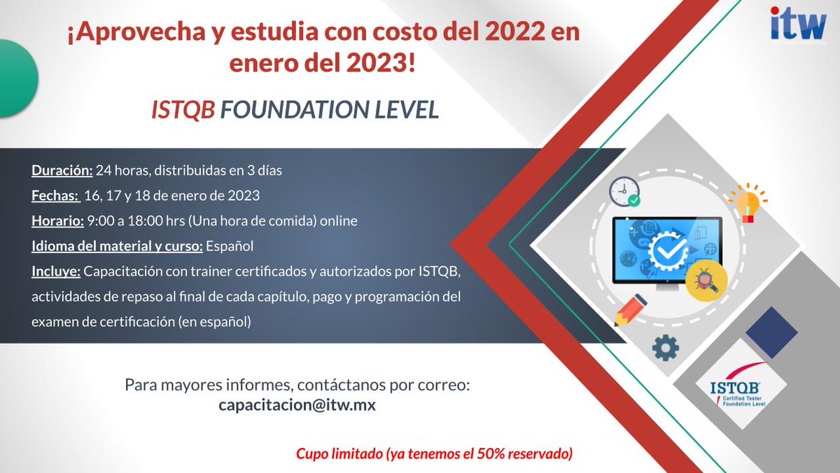 Johann_Leopold's tweet photo. ¡Cumple tus metas de #CrecimientoProfesional!
Recuerda que tenemos #CupoLimitado para Enero 2023, y aprovecha con costos del 2022. En ITW te podemos ayudar, inscríbete para el siguiente curso de #FoundationLevel avalado por #ISTQB.
#Tester #CdMx https://t.co/HrmAtfI69t