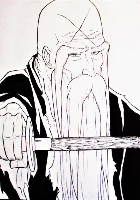 BLEACHの山本元柳斎重國の線画(ペン入れ)、 ベタ塗りです🖋 後日、色塗り予定です😌 #BLEACH #山本元柳斎重國 #アナログ #イラスト #絵描きさんと繋がりたい #illustration
