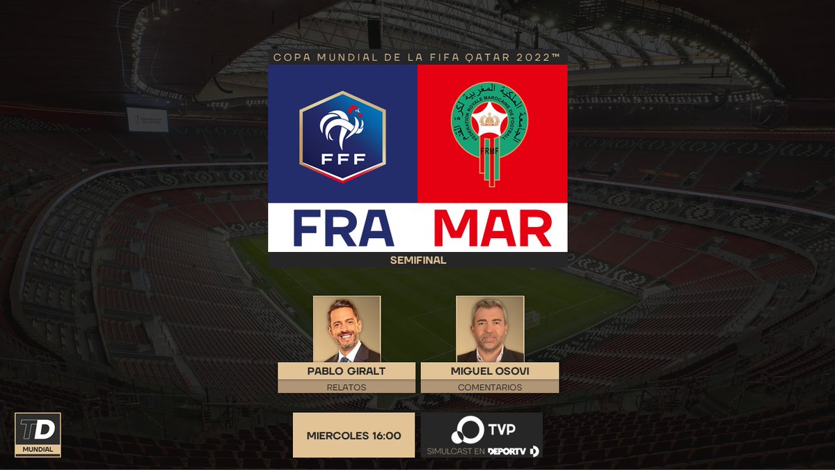 #FIFAWorldCup #Qatar2022
#FRA #MAR
🎙 <a href="/giraltpablo/">Pablo Giralt</a>
🎙 <a href="/MiguelOsovi/">Miguel Osovi</a>
📺 <a href="/TV_Publica/">TVP</a> - #TVPenQatar