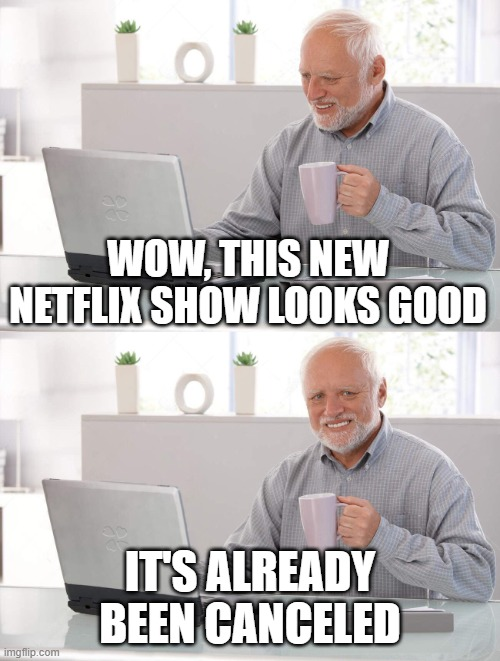 Old man holding a cup of coffee and staring at his laptop, saying "Wow, this new Netflix show looks good"

He then turns around "It's already been canceled" 