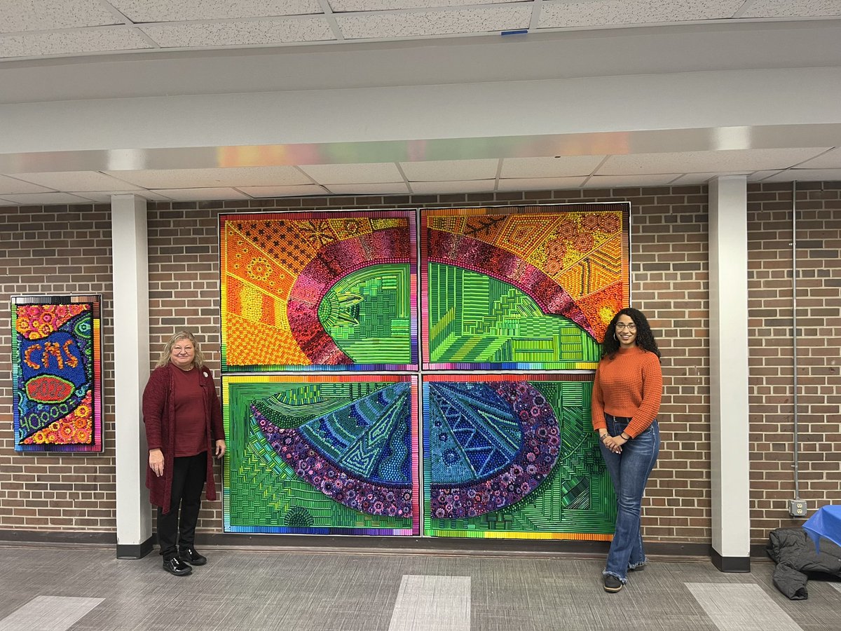 WayzataCentral's tweet photo. We present to you the World Record CMS Marker Cap Mural!!!

More than 45,000 marker caps were used to create this masterpiece!

Former Art Teacher Julie Tuominen, Mica Anders, &amp; many CMS students were apart of building this piece of art. https://t.co/0lWm8TF0f6