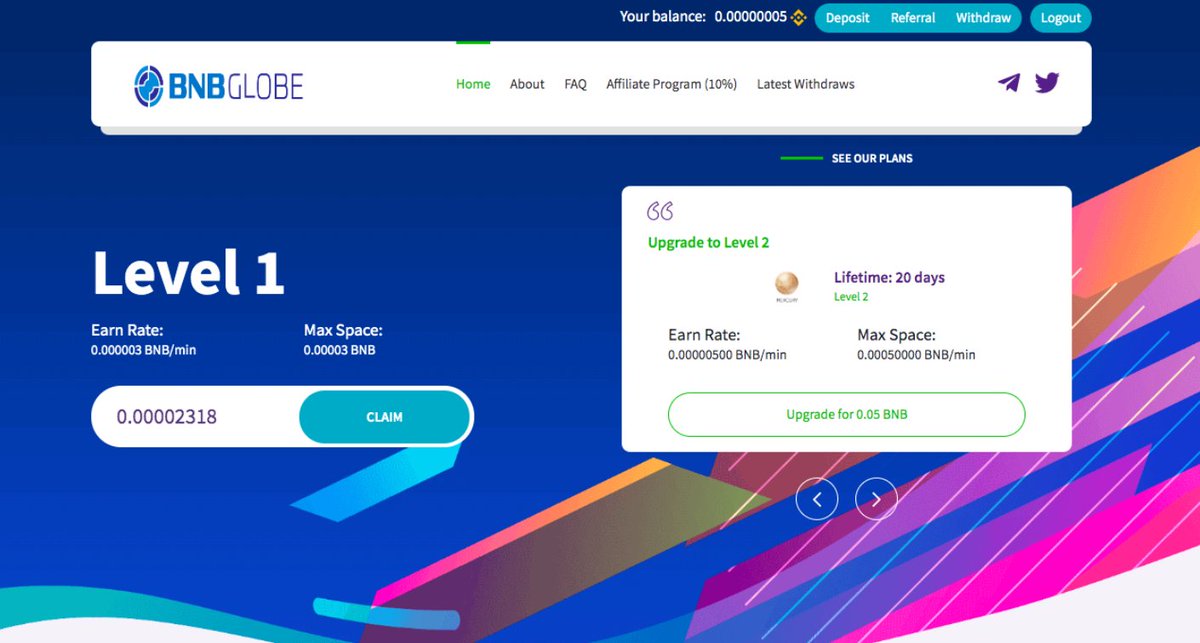 BNBGlobecom's tweet photo. Bnbglobe 🌐 pays out up to 0.004 bnb every day.
What are you waiting for? Sign up now and receive your free bnb. 

https://t.co/L7cedkjRVe

Refer friends and earn 10% in our referral program. https://t.co/a2jrShEqCD