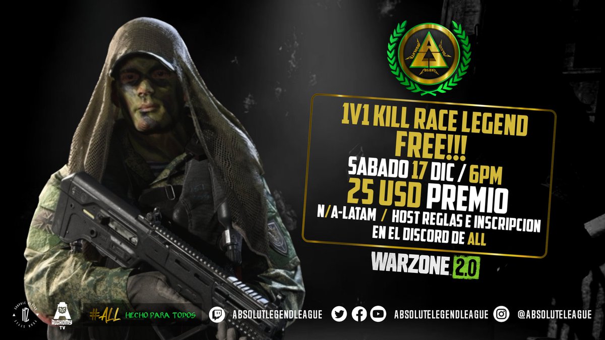 AbsoluteLeague's tweet photo. 1v1 Kill Race #Warzone2 
Sabado 17 Diciembre 
Entrada Gratis 
25USD
1st

Entra al Discord y Inscribete 
#ALL
Transmicion Oficial Por
#Twitch - absolutlegendleague

Link Discord 
https://t.co/auuRvdZjRG https://t.co/Sx6ed4qsZ8