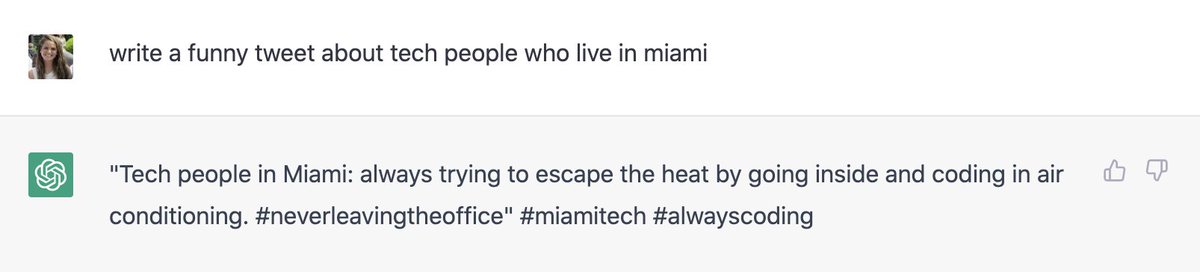KyjaKutnick's tweet image. If ChatGPT by @OpenAI comes for my job, at least I know I can pivot back to my short-stint in stand up comedy #chatgpt #miamitech #alwayscoding #neverleavingtheoffice