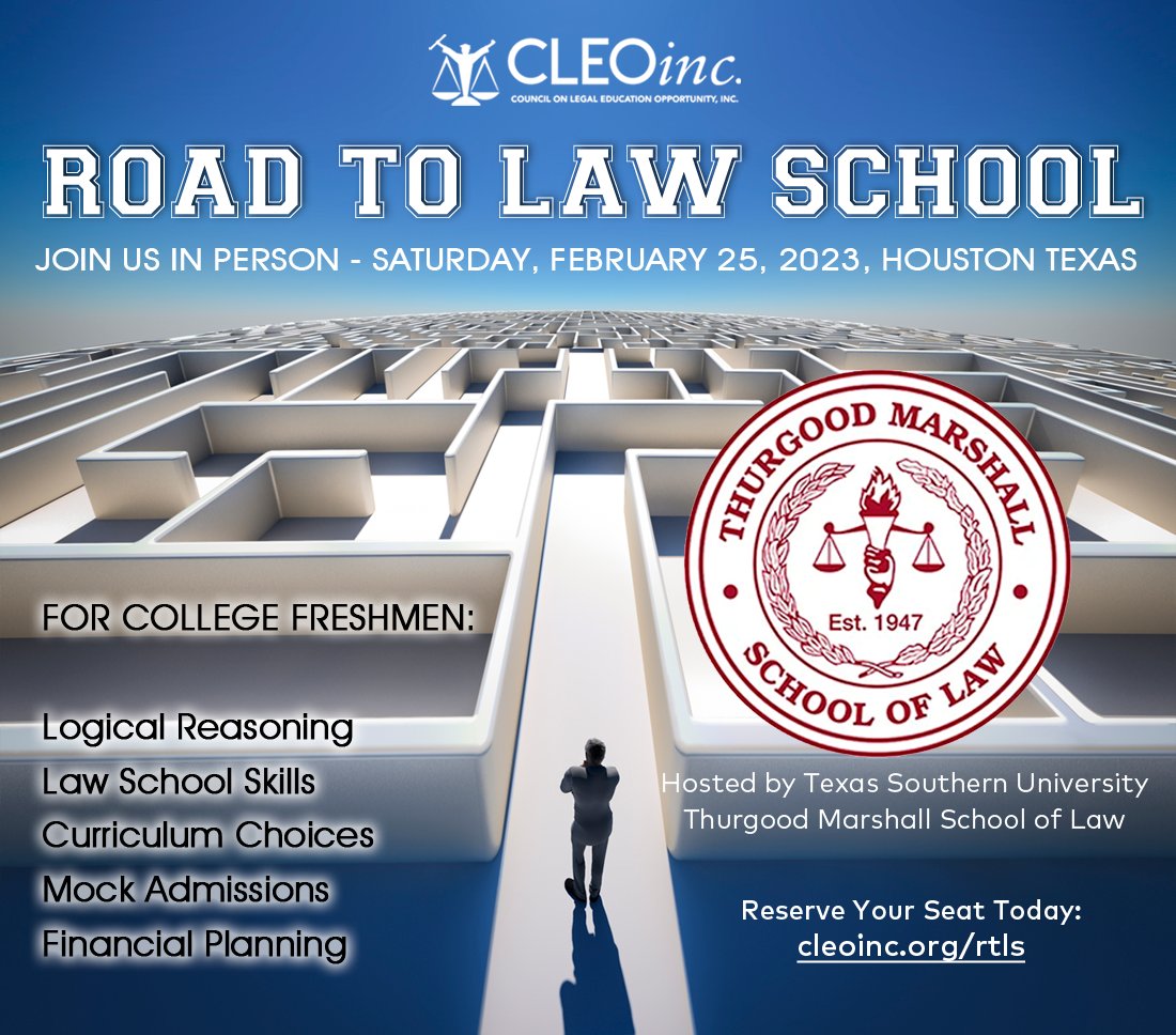 cleoscholars's tweet photo. Thinking about going to law school? Join us in person in Houston, Texas for the workshop that will answer all your questions! Hosted by @TexasSouthern Thurgood Marshall School of Law, February 25, 2023 - Reserve your seat today at https://t.co/5ovlBuBshu  #prelaw #futurelawyer https://t.co/kahjxD4htv