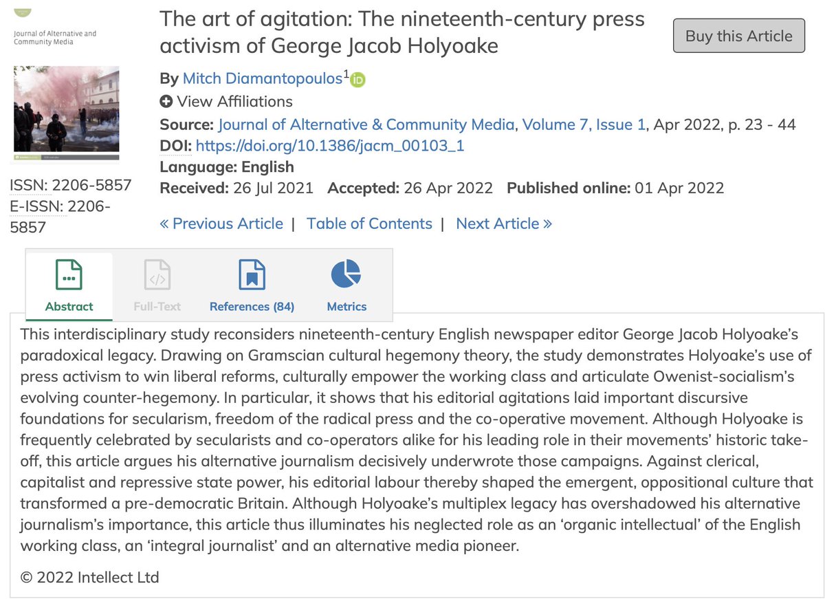 JOACM current issue 7.1: "The art of agitation: The nineteenth-century press activism of George Jacob Holyoake" by Mitch Diamantopoulos. 
intellectdiscover.com/content/journa…