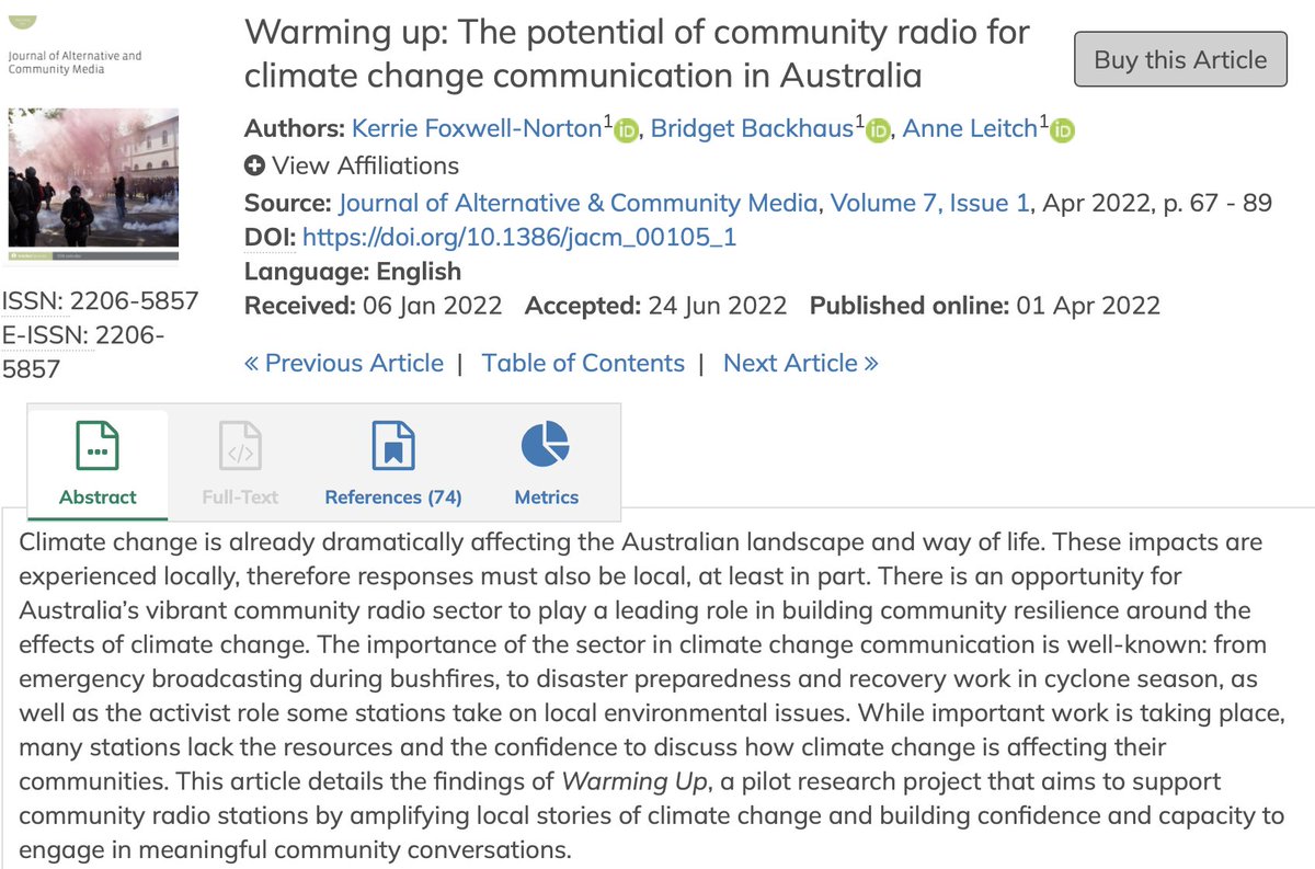 JOACM current issue 7.1: "Warming up: The potential of community radio for climate change communication in Australia"
intellectdiscover.com/content/journa…