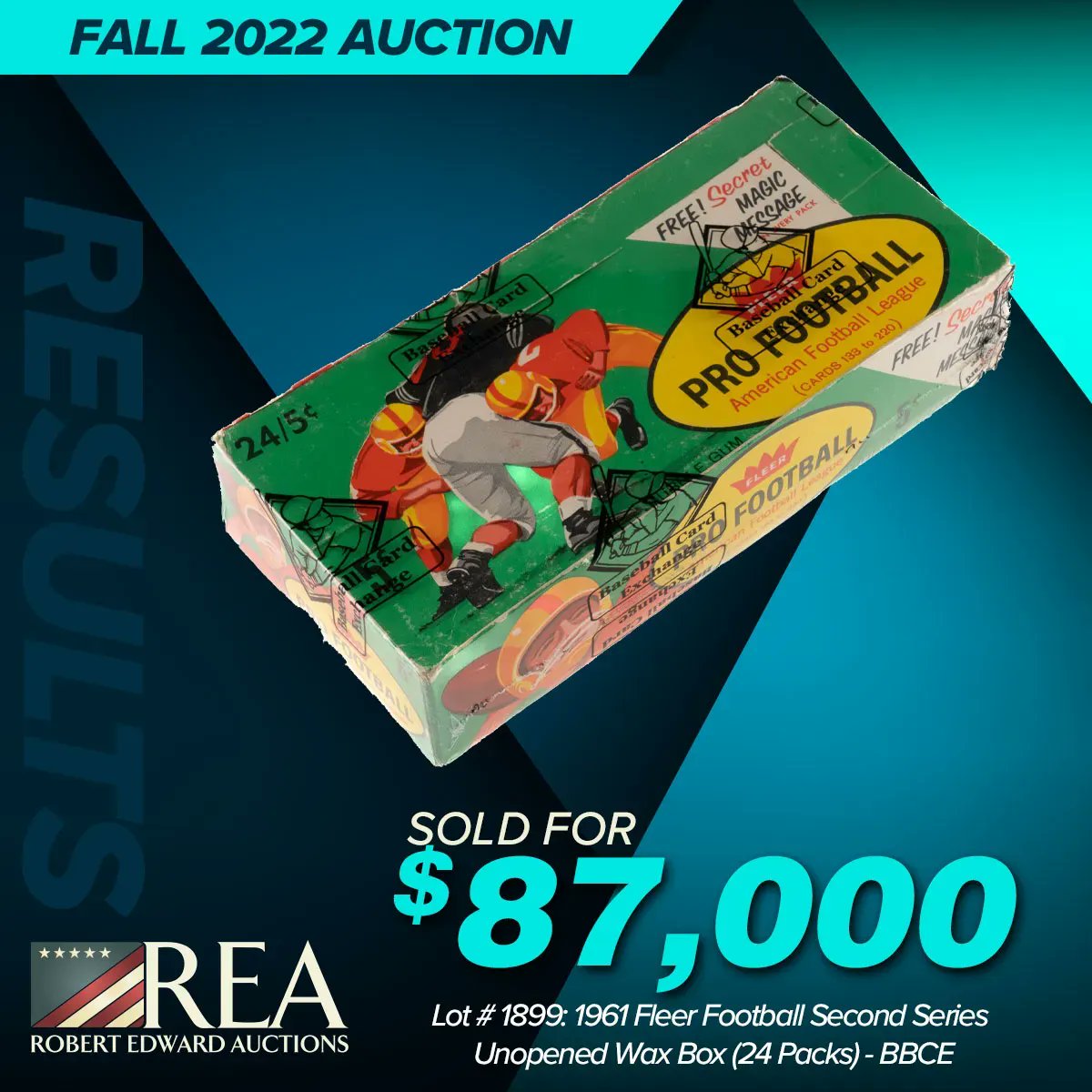 collect_rea's tweet photo. Extraordinary Results: Lot # 1899: 1961 Fleer Football Second Series Unopened Wax Box (24 Packs) - BBCE.
@REAOnline #Fleer #unopenedpacks #NFL #NFLCards #footballcards #thehobby #whodoyoucollect #1960s https://t.co/cnMZzOiMPH