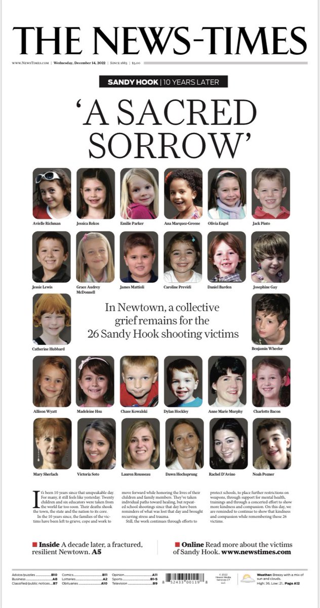 Remembering the 26 lives lost 10 years ago tomorrow at Sandy Hook Elementary School. This poignant front page will lead all <a href="/Hearst/">HEARST</a> CT daily newspapers in tribute to them, their families, the community and people across the country as we look back, and forward, in their honor.