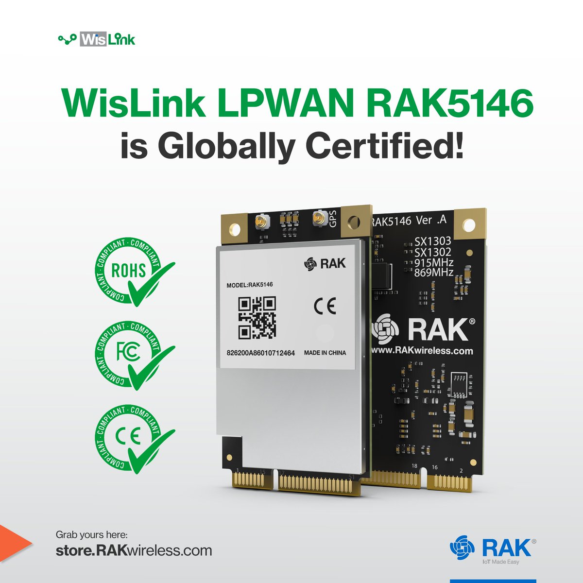 RAKwireless's tweet photo. #WisLink LPWAN RAK5146 is globally certified! π These certifications ensure that the product can be used worldwide and meets the local regulations for quality and compliance guaranteeing proper operation.
Grab yours here π https://t.co/AjTd87zyf4
#LoRaWAN #pihat #iot #mPCle https://t.co/xaZFpGWRnw