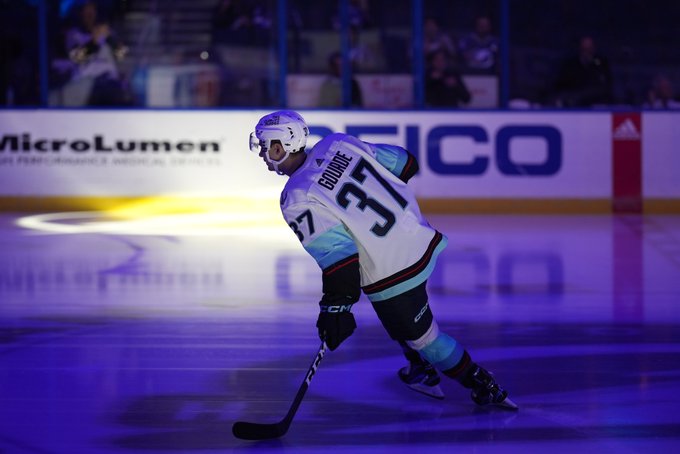 Photo of Yanni Gourde skating on the ice during warm ups