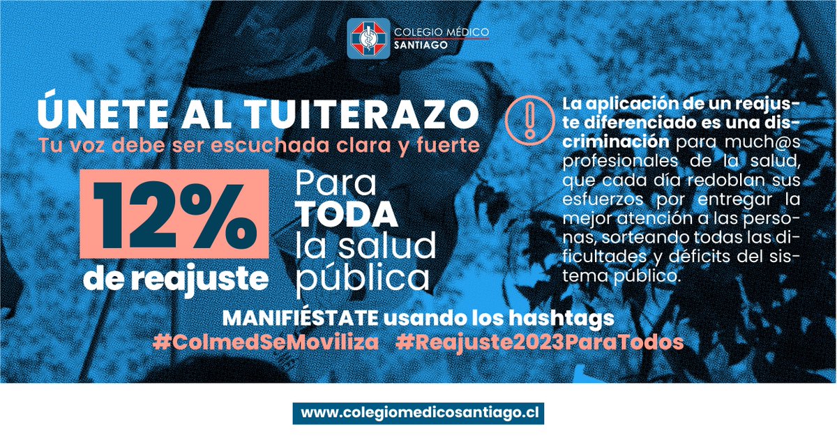 ColMedSantiago's tweet photo. Exigimos al @GobiernodeChile y al presidente @gabrielboric fortalecer el sistema público de salud, no debilitarlo. El reajuste del 12% para el sector debe considerar a todos sus trabajadores y trabajadoras sin exclusión. 
#ColmedSeMoviliza #Reajuste2023ParaTodos https://t.co/81954fYNqA
