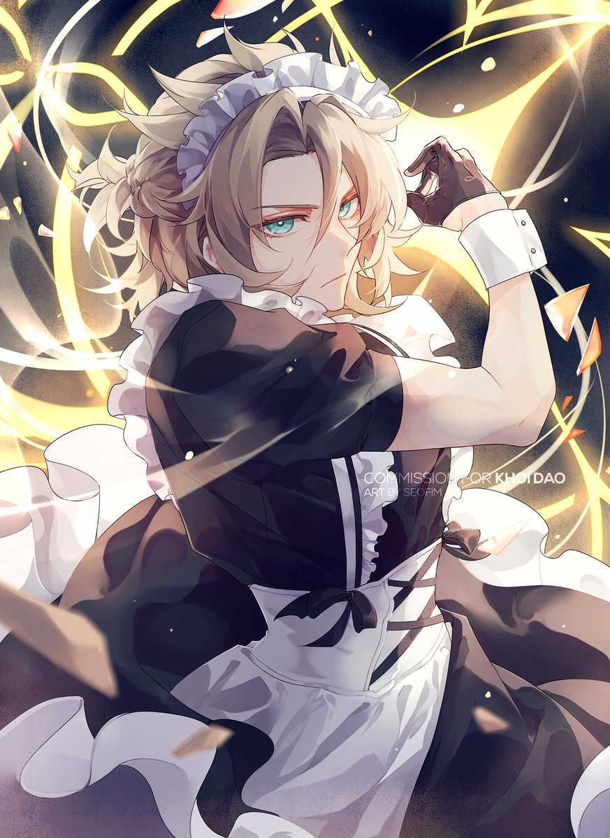 albedo (genshin impact) 1boy male focus gloves maid apron solo maid headdress  illustration images