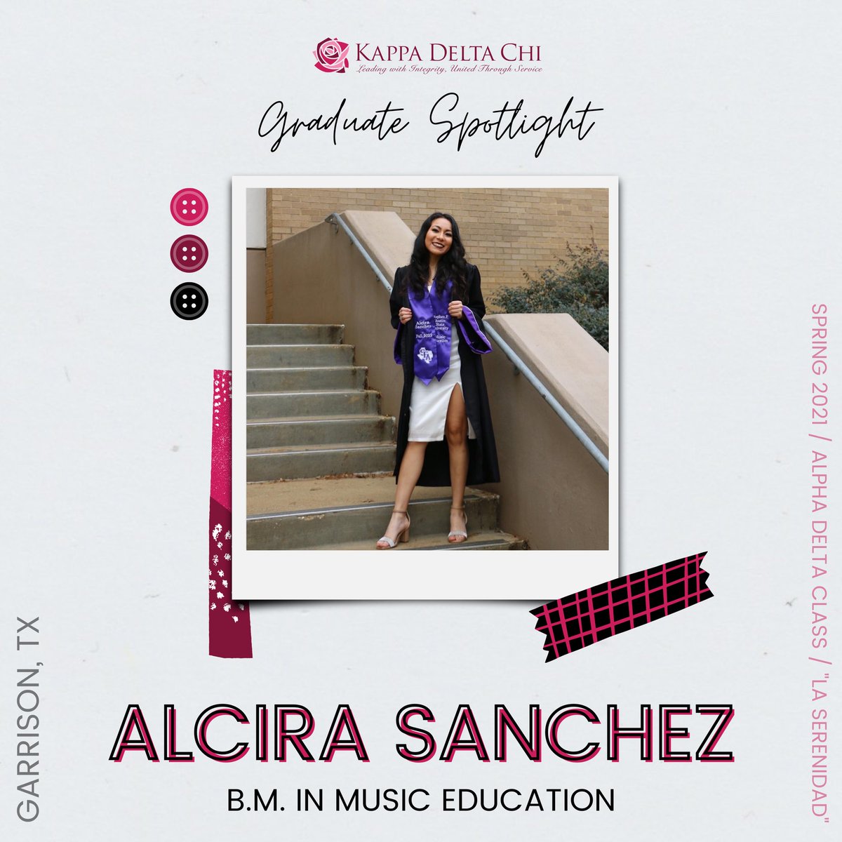 🎓 GRADUATE SPOTLIGHT 🎓
•
ALCIRA SANCHEZ, a Spring 2021 initiate of <a href="/sfasukdchi/">𝐊𝐃𝐂𝐡𝐢 - 𝐏𝐡𝐢 𝐂𝐡𝐚𝐩𝐭𝐞𝐫</a> from Garrison, TX, graduated from SFA with a B.M. in Music Education. She plans to be an assistant band director in the area.