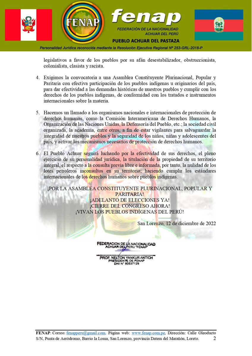 📣 PRONUNCIAMIENTO PÚBLICO
¡NUEVAS ELECCIONES GENERALES  Y ASAMBLEA CONSTITUYENTE YA!
Frente a la crisis política y social actual la Nacionalidad Achuar del Perú nos pronunciamos exigiendo nuevas elecciones generales. 
Pronunciamiento aquí 👉: n9.cl/ew5xb