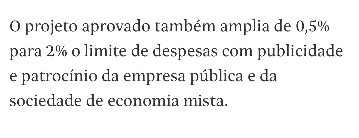 Tiagogreis's tweet photo. Olha que interessante. 

Na nova Lei das Estatais, criou-se um espado para se gastar mais com publicidade. 

Qualquer pessoa que conhece o poder dos incentivos, sabe que vai ser difícil um veículo de imprensa que recebe esta verba criticar ou expor o governo. https://t.co/JcsyQd7hVV