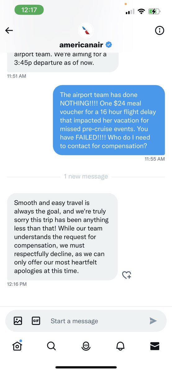 jmkski's tweet photo. @AmericanAir Interesting that you said you don’t offer compensation for delays less than 4 hours yet you refuse to address 23 hour delays! @SKendzejeski71 we are going to keep pursuing this!! https://t.co/iIm50Nx1wz