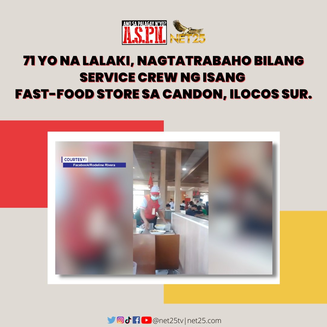 NET25TV's tweet photo. Augusto ngayong taon nang matanggap bilang isang service crew si Lolo Willie Baricawa. Ito na rin daw ang libangan ni Lolo Willie dahil ikinatutuwa niyang humarap sa iba’t ibang customers araw-araw. #NET25ASPN #ASPN https://t.co/vaQvlvOn0g