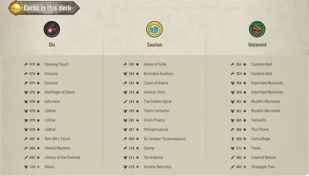 Day 13 of my #KeyForge advent calendar brings an interesting deck
Surprisingly solid looking WC Untamed with 4 murmooks (2 musthic, 2 imprinted), decent Dis &amp; Saurian lists
Nothing really pops out as OP, but there are some fun tricks with Exhume or Sic Semper